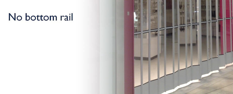 Closed sliding security shutter curtain showing there is no bottom-rail; No bottom rail