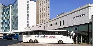 White coach bus parked at Bristol Bus Station