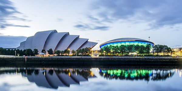 The Armadillo building in Glasgow, seen in evening light from across the river Clyde