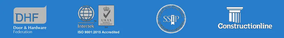 Accreditation logos of the Door and Hardware Federation, ISO, SSIP, and Contructionline