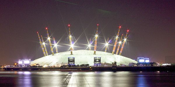 the O2 Arena on London seen across the Thames river