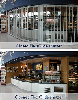 Two photos of the same sliding shutter, one closed and one opened.