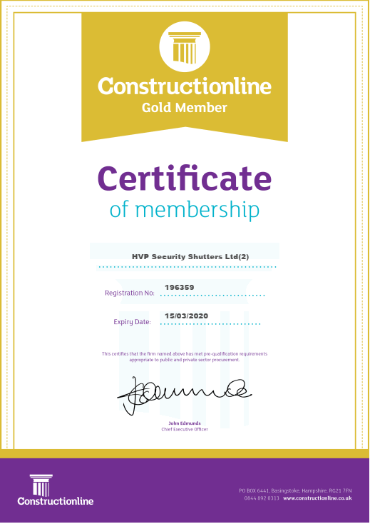 HVP Security Shutters and FlexiGlide membership certificate for Contructionline Gold