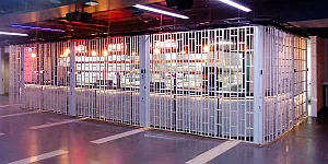 Sliding shutter in front of bar at the O2 in London